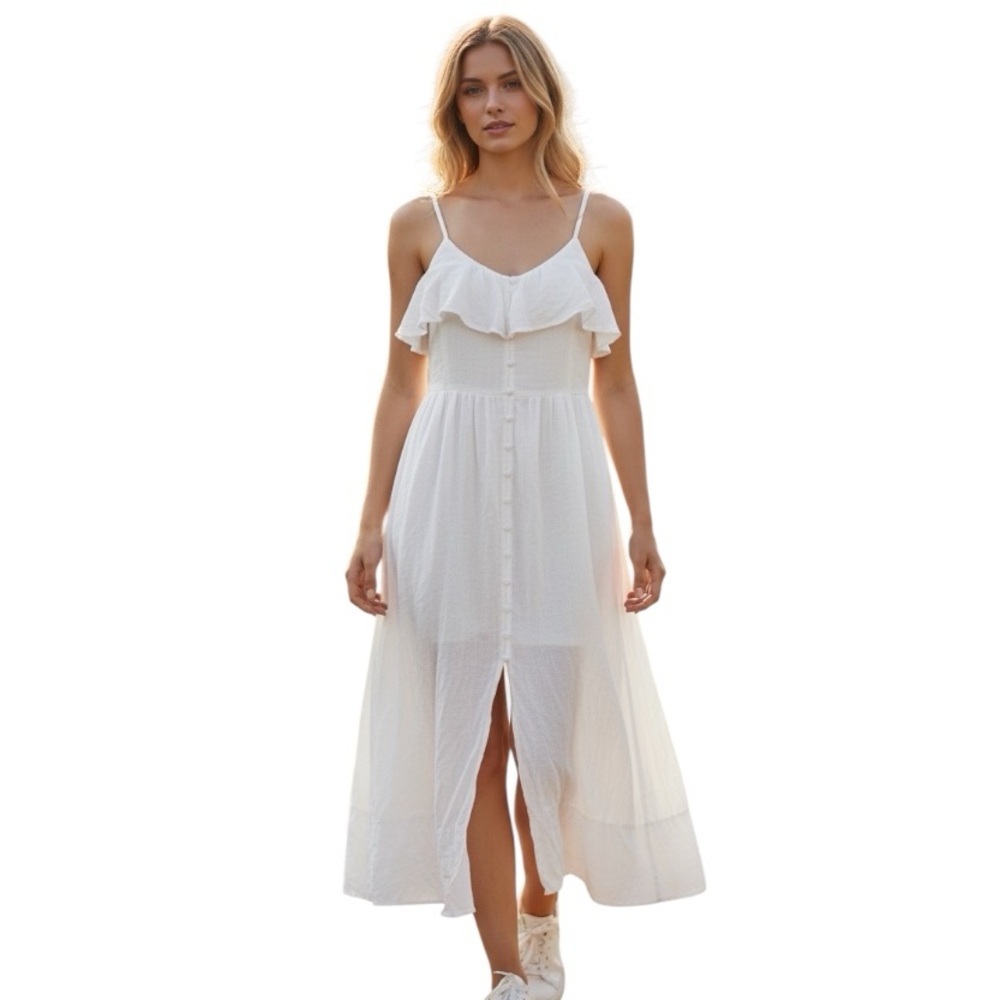 S.R. Fashion Large White Prairie Cottagecore Spaghetti Stap Boho Dress